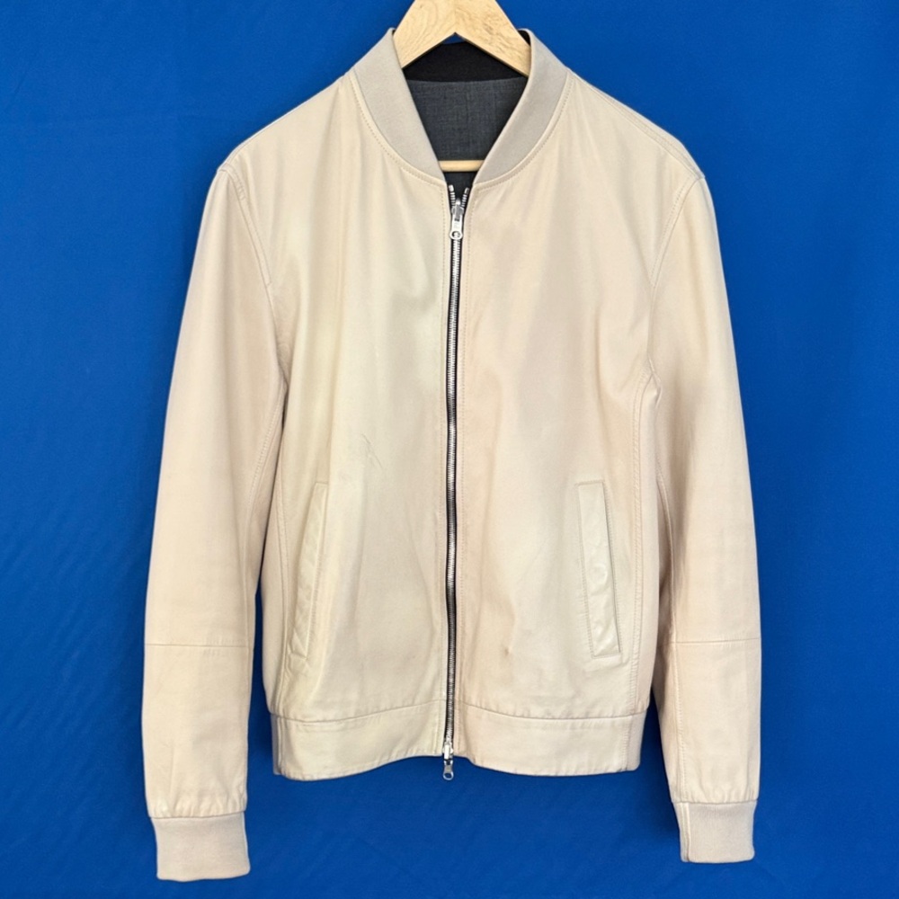 Brunello Cucinelli Men's Leather Cream/Grey Bomber Jacket